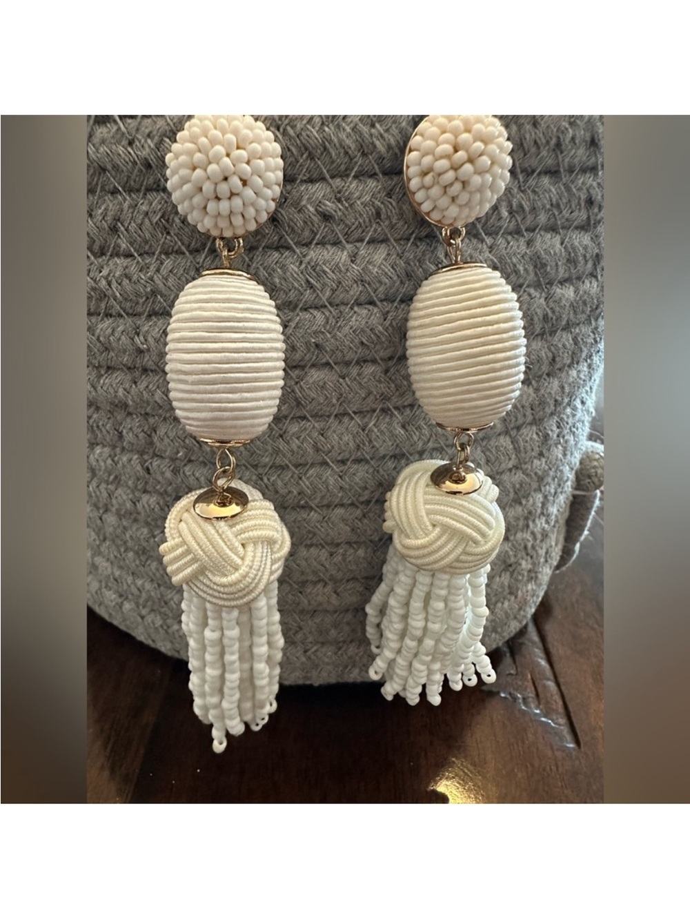 White Beaded Tassel Drop Earrings - Designer